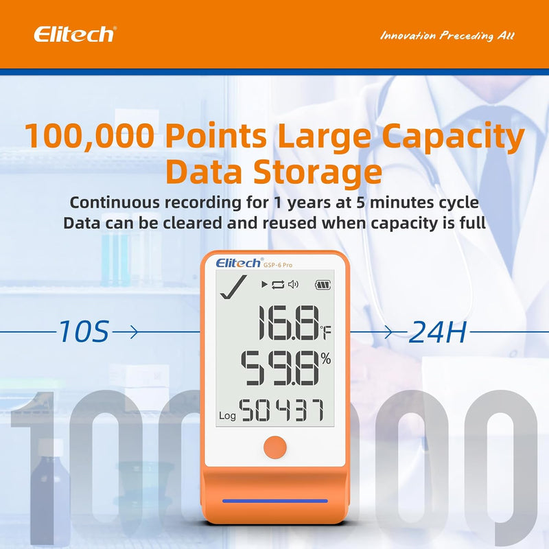 Elitech Bluetooth Hygrometer Thermometer Data Logger Temperature Humidity with Shadow Data 100000 Points Data Storage Export, Pharmacy Vaccine DDL Calibration Certificate, MAX MIN AVR MKT GSP - 6Pro - Elitech Technology, Inc.
