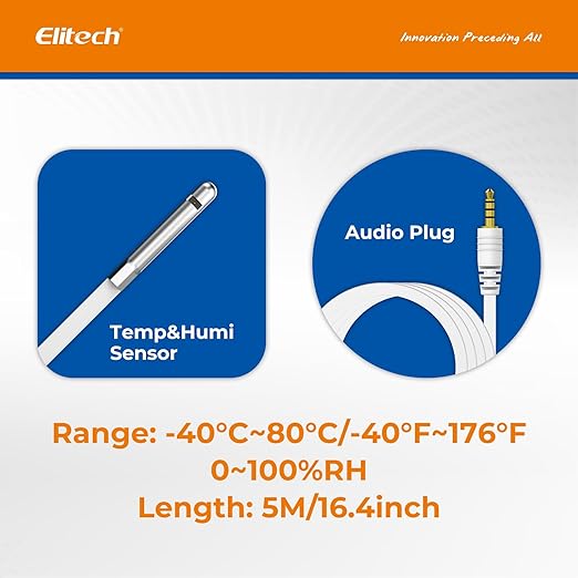Elitech External Temperature and Humidity Probe, Temperature and Humidity Sensor Matches with RCW - 360Pro Device only, Monitor - 40~176℉( - 40~80℃), 0~100% RH, Audio Plug Connector, 16.4ft - Elitech Technology, Inc.
