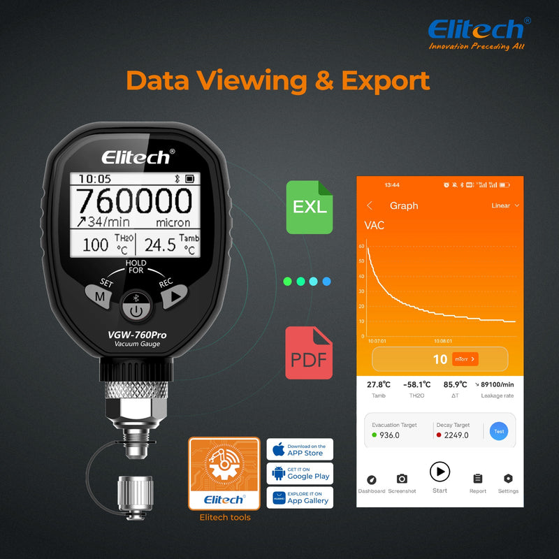 Elitech Full - Range Micron Gauge, Wireless Digital Vacuum Gauge with Adaptor Pressure Tester Meter HVAC, Alarms via APP, Offline Recording, 1/4" SAE, VGW - 760Pro - Elitech Technology, Inc.