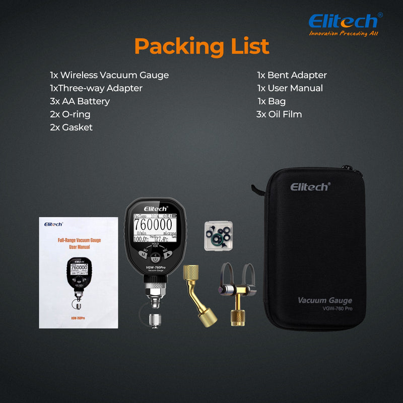 Elitech Full - Range Micron Gauge, Wireless Digital Vacuum Gauge with Adaptor Pressure Tester Meter HVAC, Alarms via APP, Offline Recording, 1/4" SAE, VGW - 760Pro - Elitech Technology, Inc.