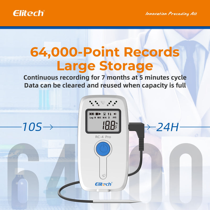 Elitech PDF USB Digital Temperature Data Logger Reuseable Recorder DDL 64000 Points High Accuracy, Shadow Data, Built - in Buzzer, Auto PDF CSV Report, Windows/MacOS Software, RC - 4 Pro, RC - 4H Pro - Elitech Technology, Inc.