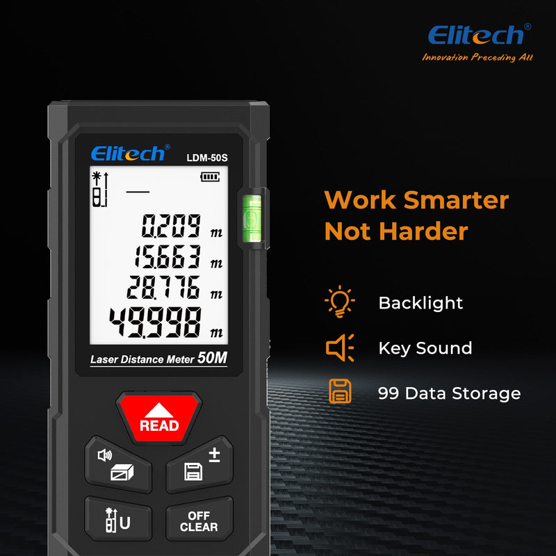 (Pre - order) Elitech LDM - 50S Laser Distance Meter, 165ft Digital Measure Tool ±2mm Accuracy, Area/Volume/Pythagoras Modes, Backlit LCD, 99 Records, Unit Switch – for Home & DIY - Elitech Technology, Inc.