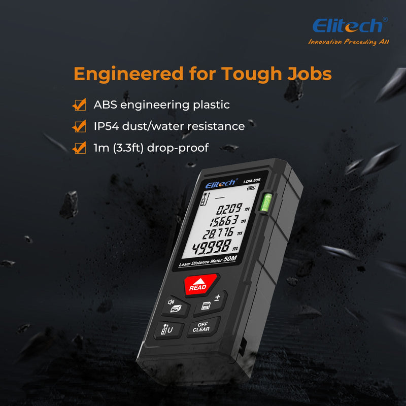 (Pre - order) Elitech LDM - 50S Laser Distance Meter, 165ft Digital Measure Tool ±2mm Accuracy, Area/Volume/Pythagoras Modes, Backlit LCD, 99 Records, Unit Switch – for Home & DIY - Elitech Technology, Inc.