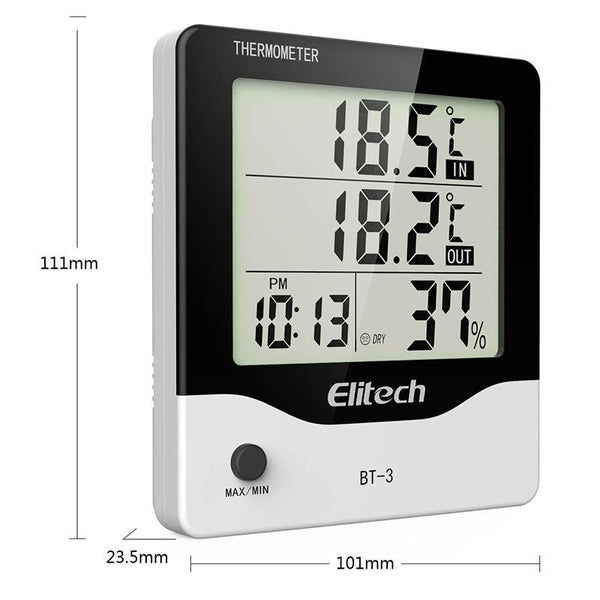 Elitech BT-3 LCD Indoor/Outdoor Digital Hygrometer Thermometer with Clock  and Min/Max Value