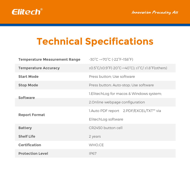 Elitech LogEt 1 Temperature Data Logger Single Use PDF Report USB Port 16000 Points - Elitech Technology, Inc.