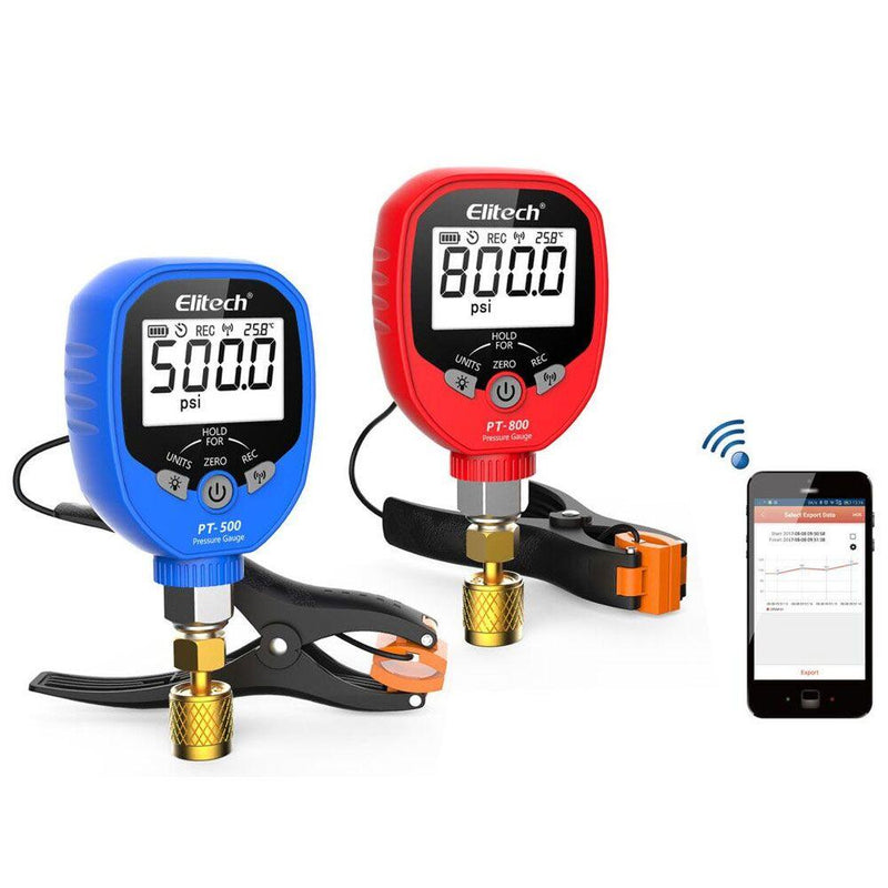 Elitech PT-500&PT-800 Wireless Refrigeration Digital Manifold Gauge Set HVAC A/C Pressure Temperature Gauge with Demountable Temperature Test Clip 1/8 NPT - Elitechustore