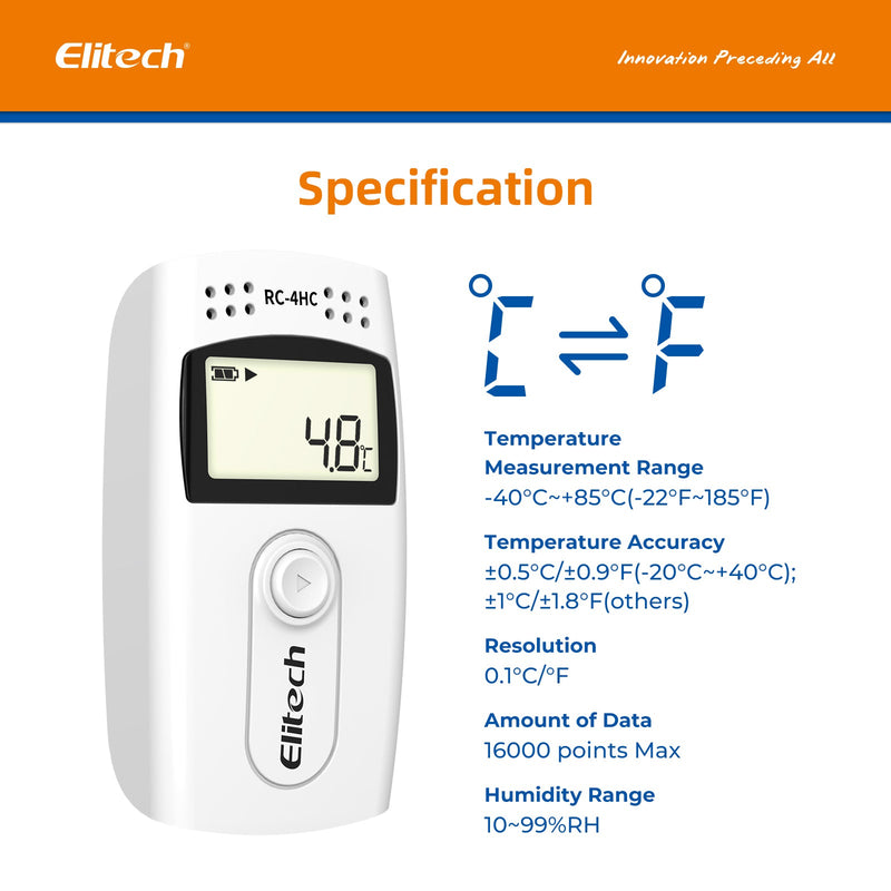 Elitech RC-4HC Digital Temperature and Humidity Data Logger Temp Recorder with External Sensors Audio Alarm - Elitech Technology, Inc.