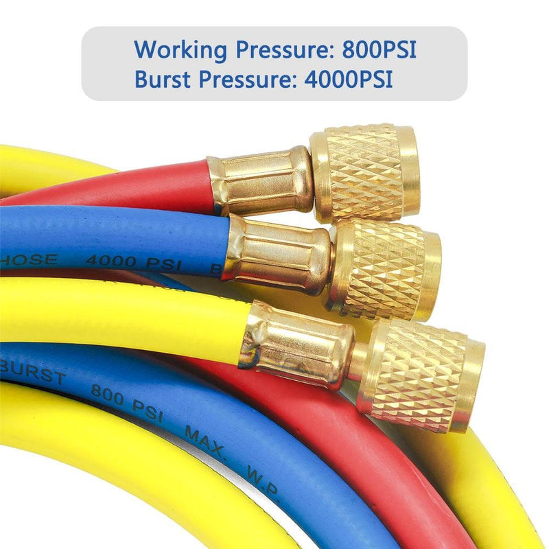 Elitech Refrigerant Charging Hose Set for R134a R404a R12 R22 Air Conditioning Refrigerant 1/4''Fitting, 59'', Red/Yellow/Blue (Pack of 3) - Elitech Technology, Inc.