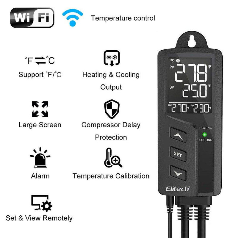Elitech STC-1000WiFi Digital Temperature Controller Wireless Aquarium Thermometer US Socket Heating and Cooling Outlets Centigrade/Fahrenheit LCD Display, Plug Sensor, 49℉-239℉ 110V 100-250V 10A 1200W - Elitech Technology, Inc.