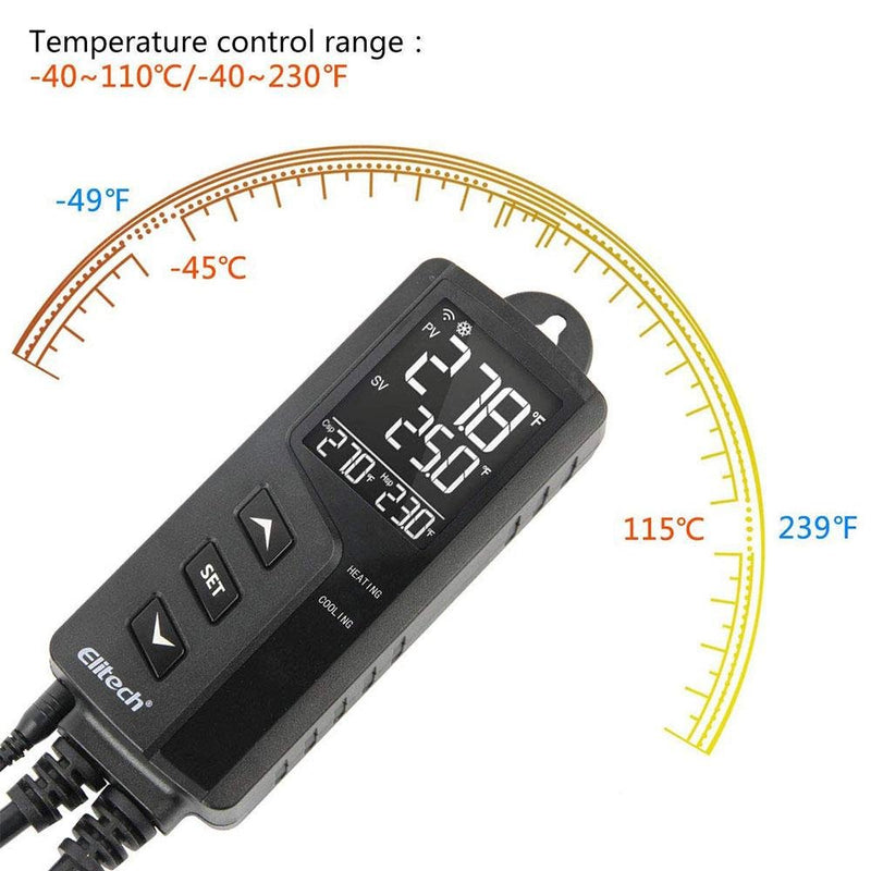 Elitech STC-1000WiFi Digital Temperature Controller Wireless Thermostat US Socket Heating and Cooling Outlets Centigrade/Fahrenheit LCD Display, Plug Sensor, 49℉-239℉ 110V 100-250V 10A 1200W - Elitech Technology, Inc.