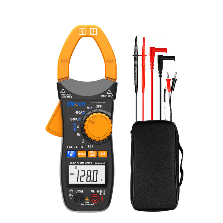 Elitech CM-210DC Digital Clamp Meter, 4000 Counts TRMS AC/DC Amp Current Tester, 1000V AC/DC Voltage, Resistance, Capacitance, Frequency, Temperature, NCV, Continuity, Diode Multi-Tester