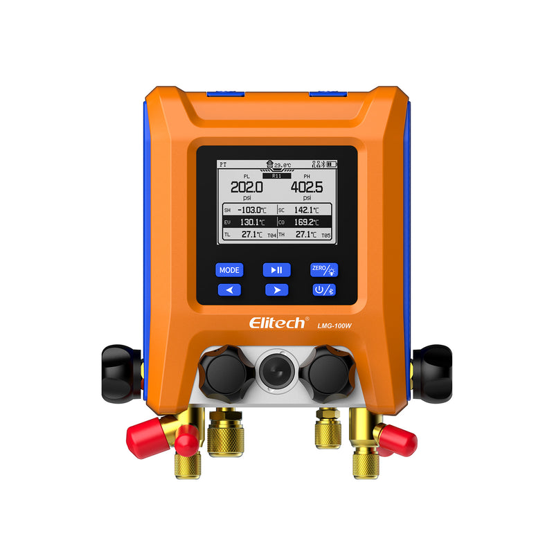 Elitech LMG-100W Digital Manifold Gauge, 4-Valve Bluetooth HVAC Manifold Set for R410A R32 R134a R404A, Auto Superheat/Subcooling, Vacuum & Leak Testing, Data Logging, ±0.5% Accuracy, HD LCD