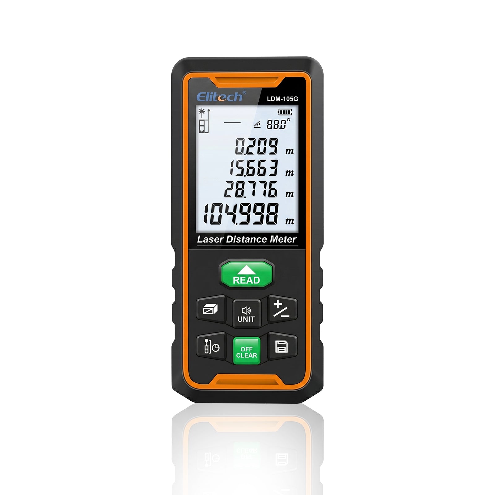 Elitech  LDM-105G 105m Laser Measure, Digital Laser Distance Meter with Built-in Angle Sensor, Full Pythagoras Mode, Dual Power Supply (AAA/Li-ion) Measuring Tool with 99 Groups Memory & Painter Function