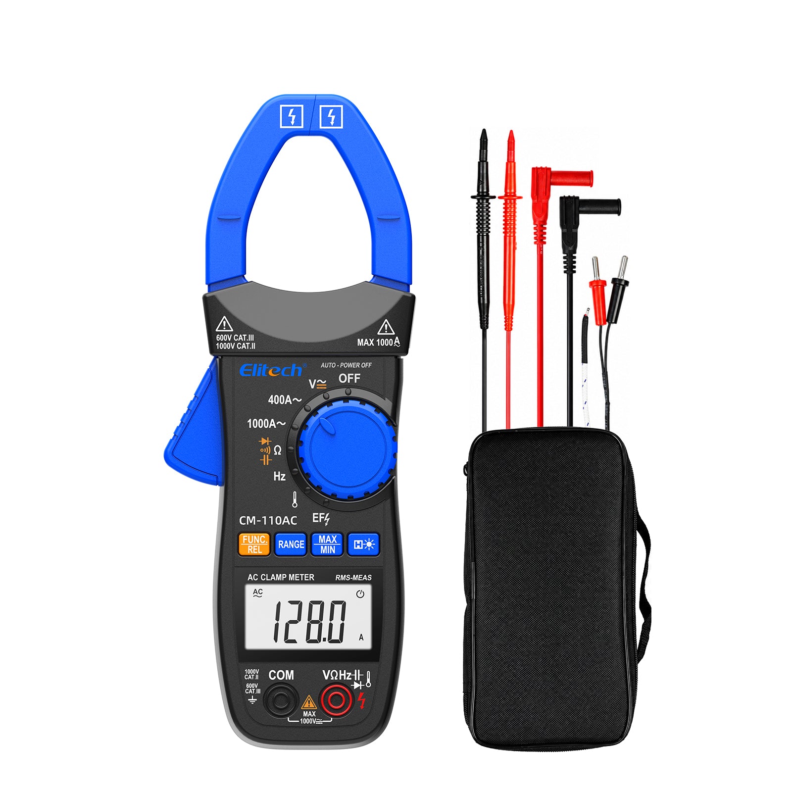 Elitech CM-110AC Digital Clamp Meter, 1000A AC Current, 1000V AC/DC Voltage, True RMS Multimeter with NCV, Capacitance, Temperature & Frequency Measurement