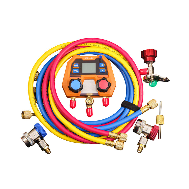 Elitech DMG-2SE Digital AC Manifold Gauge Set, Automotive HVAC Vacuum Pressure Tester for Car Air Conditioning Repair, Supports R134a R1234yf R410A, 88 Refrigerants, Impact-Resistant Gauge with 2-Way Valve