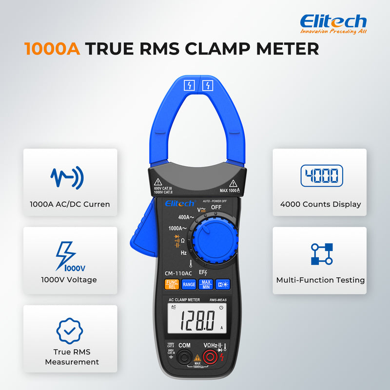 Elitech CM-110AC Digital Clamp Meter, 1000A AC Current, 1000V AC/DC Voltage, True RMS Multimeter with NCV, Capacitance, Temperature & Frequency Measurement