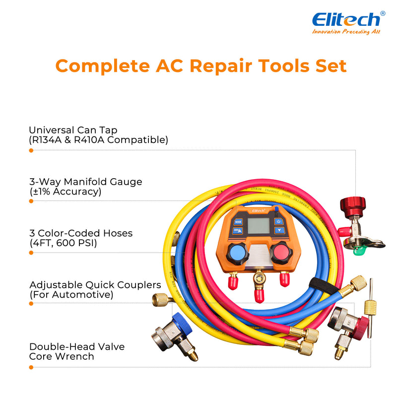 Elitech DMG-2SE Digital AC Manifold Gauge Set, Automotive HVAC Vacuum Pressure Tester for Car Air Conditioning Repair, Supports R134a R1234yf R410A, 88 Refrigerants, Impact-Resistant Gauge with 2-Way Valve