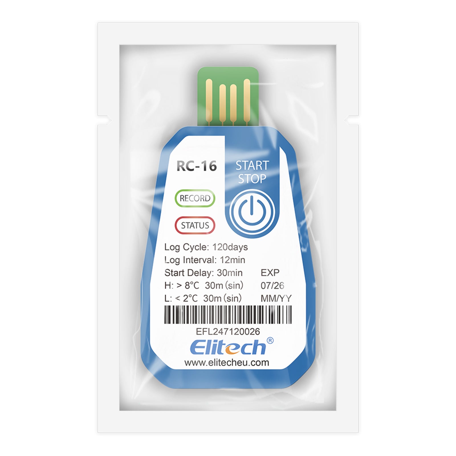 Elitech 10 Packs Temperature Data Logger USB Disposable Temperature Recorder with 16000 Points，Auto PDF CSV Reports High Accuracy 120days Single Use for Frozen Transportation Cold Chain Fresh RC-16