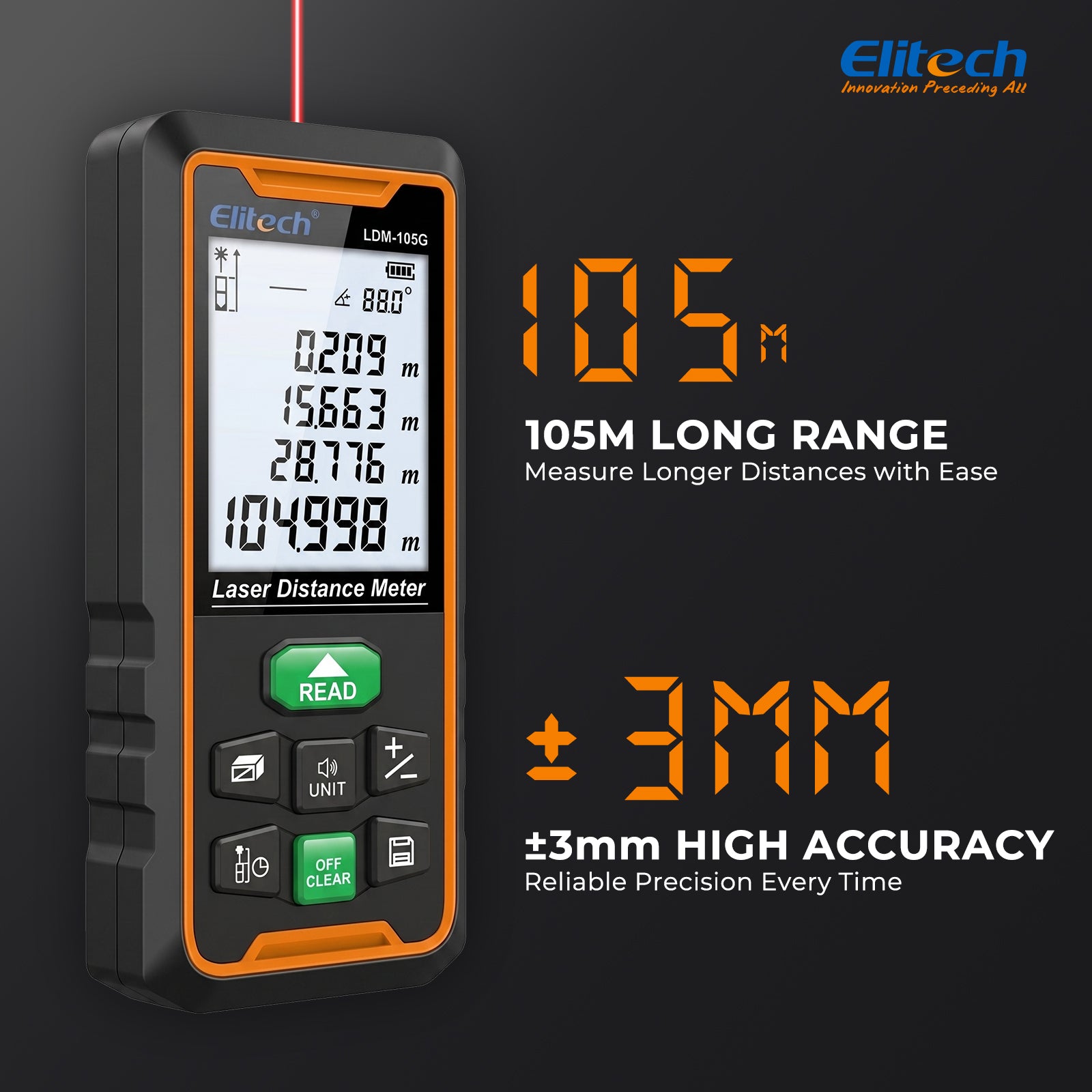 Elitech  LDM-105G 105m Laser Measure, Digital Laser Distance Meter with Built-in Angle Sensor, Full Pythagoras Mode, Dual Power Supply (AAA/Li-ion) Measuring Tool with 99 Groups Memory & Painter Function