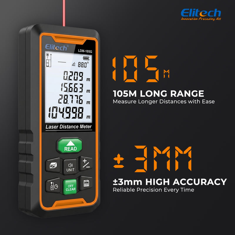 Elitech  LDM-105G 105m Laser Measure, Digital Laser Distance Meter with Built-in Angle Sensor, Full Pythagoras Mode, Dual Power Supply (AAA/Li-ion) Measuring Tool with 99 Groups Memory & Painter Function