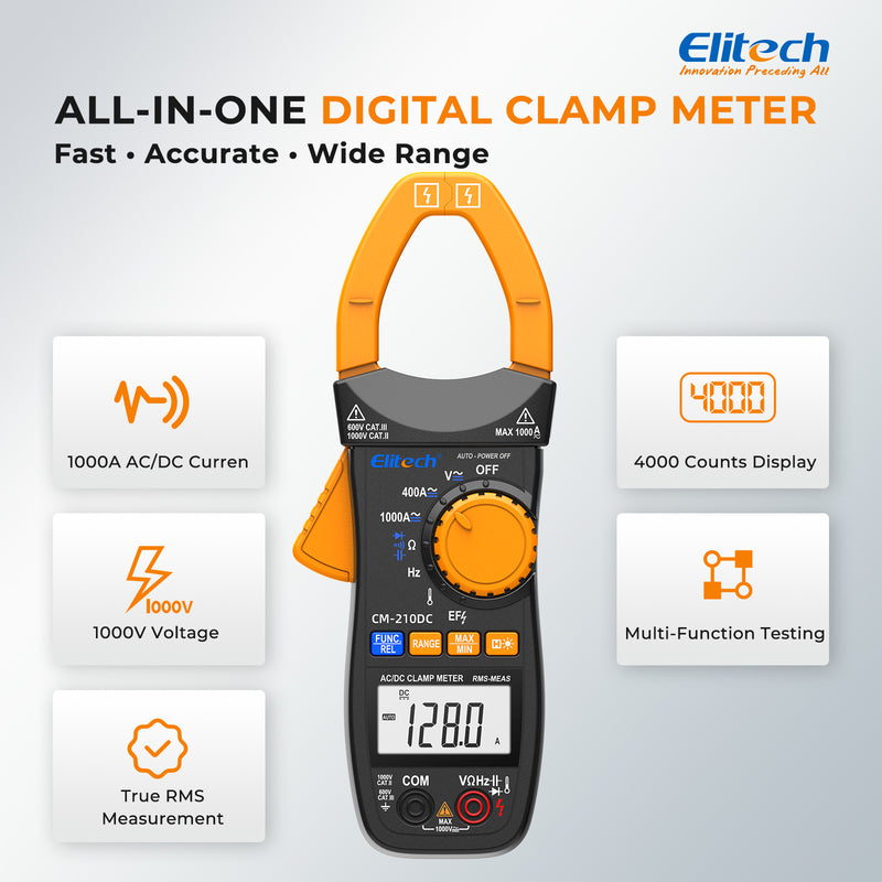 Elitech CM-210DC Digital Clamp Meter, 4000 Counts TRMS AC/DC Amp Current Tester, 1000V AC/DC Voltage, Resistance, Capacitance, Frequency, Temperature, NCV, Continuity, Diode Multi-Tester