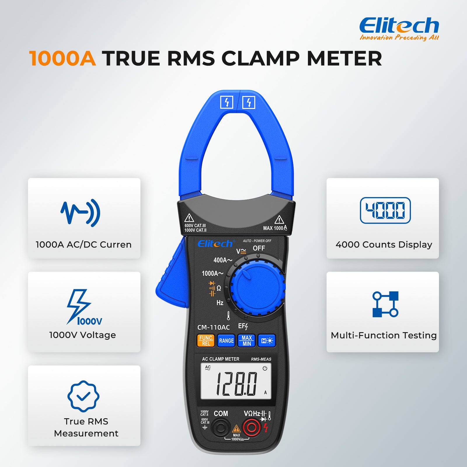 Elitech CM-110AC Digital Clamp Meter, 1000A AC Current, 1000V AC/DC Voltage, True RMS Multimeter with NCV, Capacitance, Temperature & Frequency Measurement