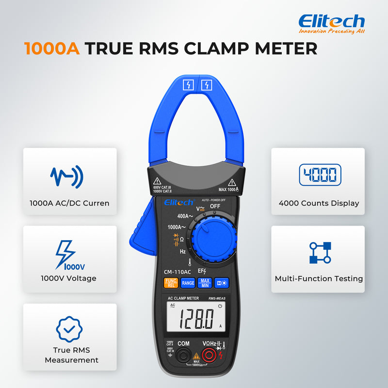 Elitech CM-110AC Digital Clamp Meter, 1000A AC Current, 1000V AC/DC Voltage, True RMS Multimeter with NCV, Capacitance, Temperature & Frequency Measurement