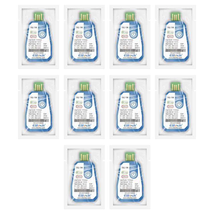 Elitech 10 Packs Temperature Data Logger USB Disposable Temperature Recorder with 16000 Points，Auto PDF CSV Reports High Accuracy 120days Single Use for Frozen Transportation Cold Chain Fresh RC-16