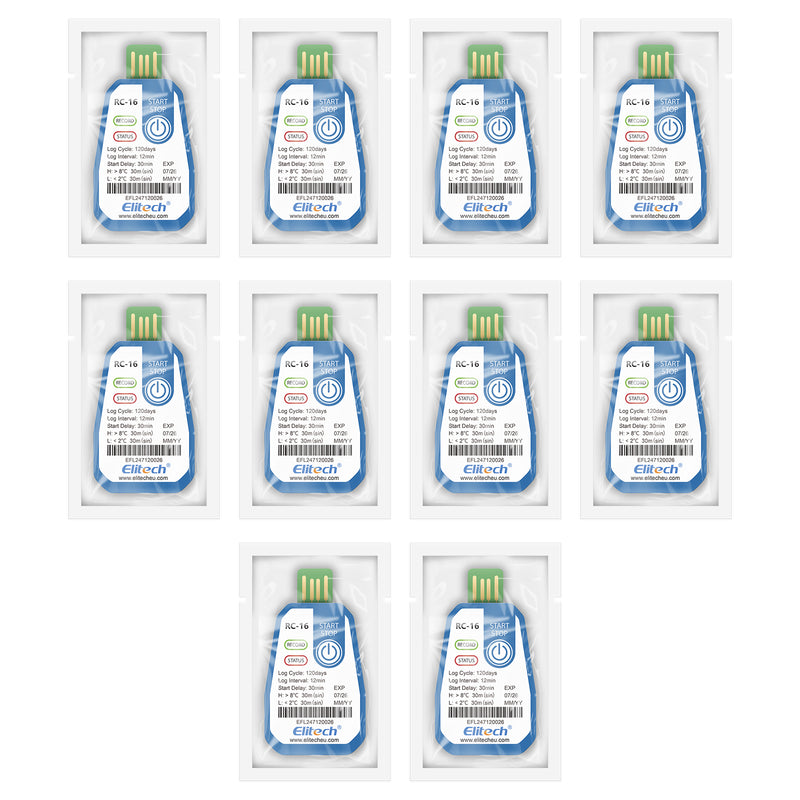 Elitech 10 Packs Temperature Data Logger USB Disposable Temperature Recorder with 16000 Points，Auto PDF CSV Reports High Accuracy 120days Single Use for Frozen Transportation Cold Chain Fresh RC-16