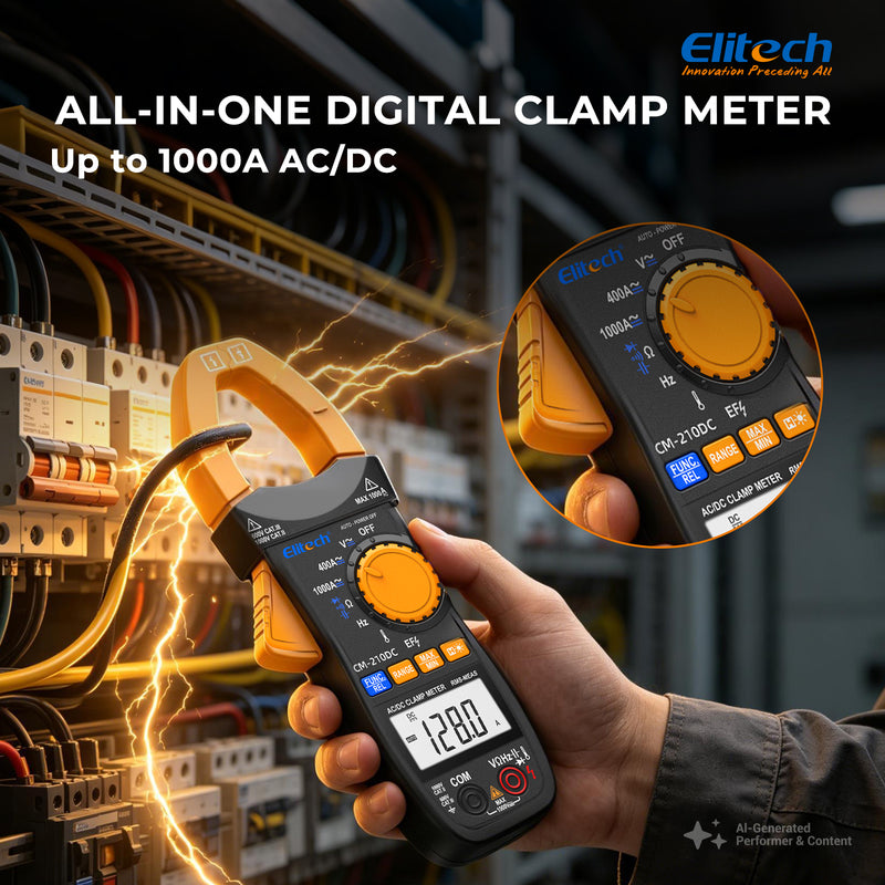 Elitech CM-210DC Digital Clamp Meter, 4000 Counts TRMS AC/DC Amp Current Tester, 1000V AC/DC Voltage, Resistance, Capacitance, Frequency, Temperature, NCV, Continuity, Diode Multi-Tester