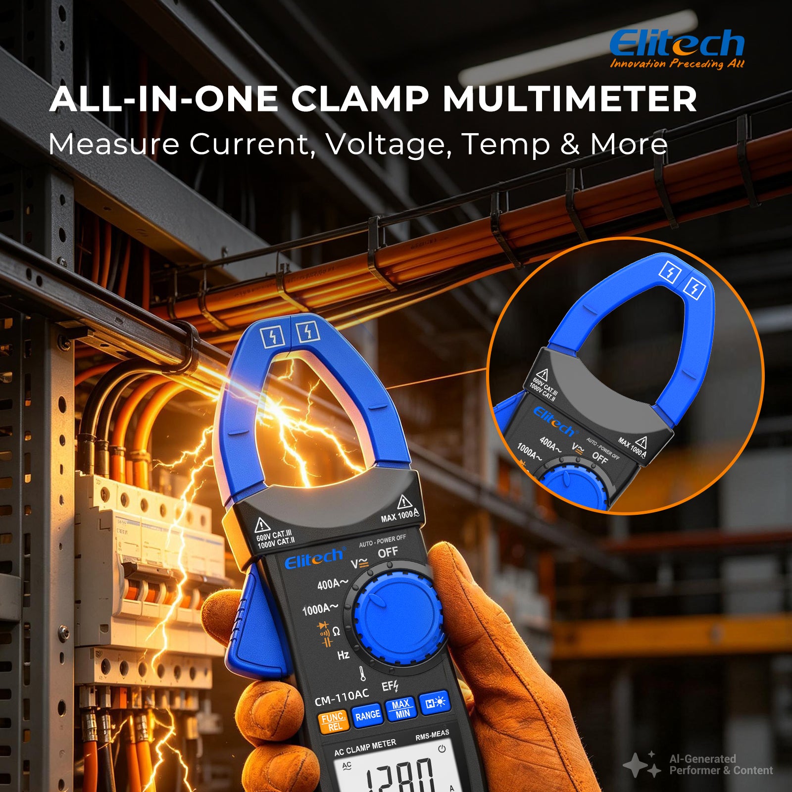 Elitech CM-110AC Digital Clamp Meter, 1000A AC Current, 1000V AC/DC Voltage, True RMS Multimeter with NCV, Capacitance, Temperature & Frequency Measurement