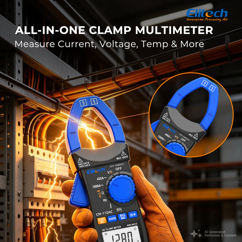Elitech CM-110AC Digital Clamp Meter, 1000A AC Current, 1000V AC/DC Voltage, True RMS Multimeter with NCV, Capacitance, Temperature & Frequency Measurement