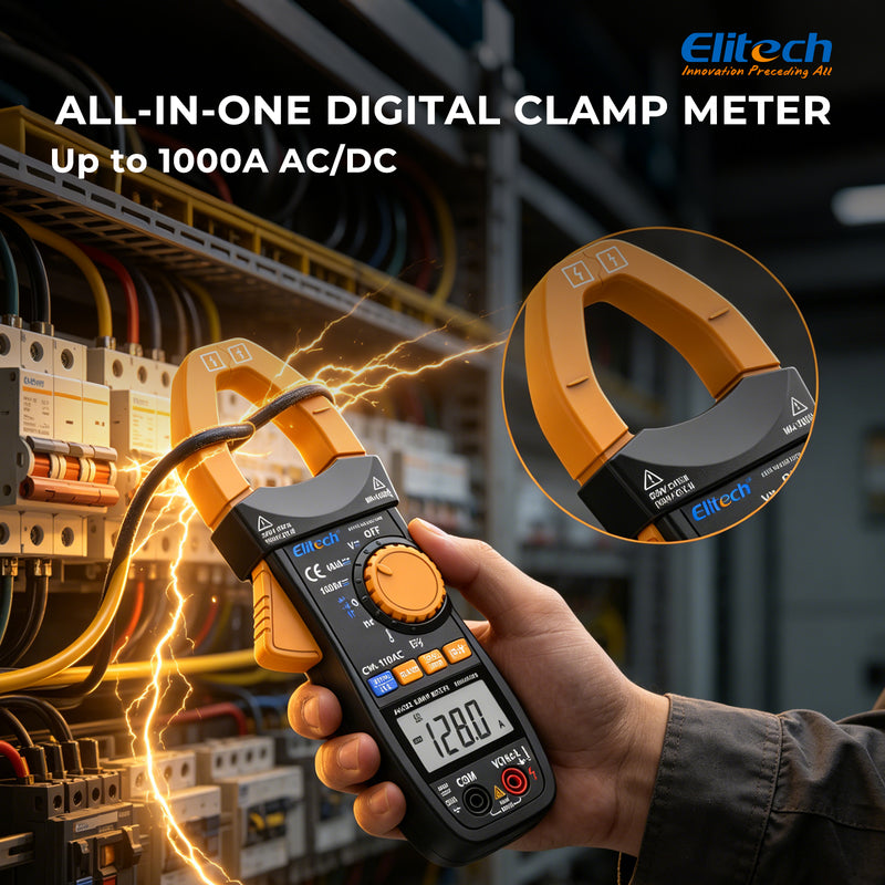 Elitech CM-210DC Digital Clamp Meter, 4000 Counts TRMS AC/DC Amp Current Tester, 1000V AC/DC Voltage, Resistance, Capacitance, Frequency, Temperature, NCV, Continuity, Diode Multi-Tester