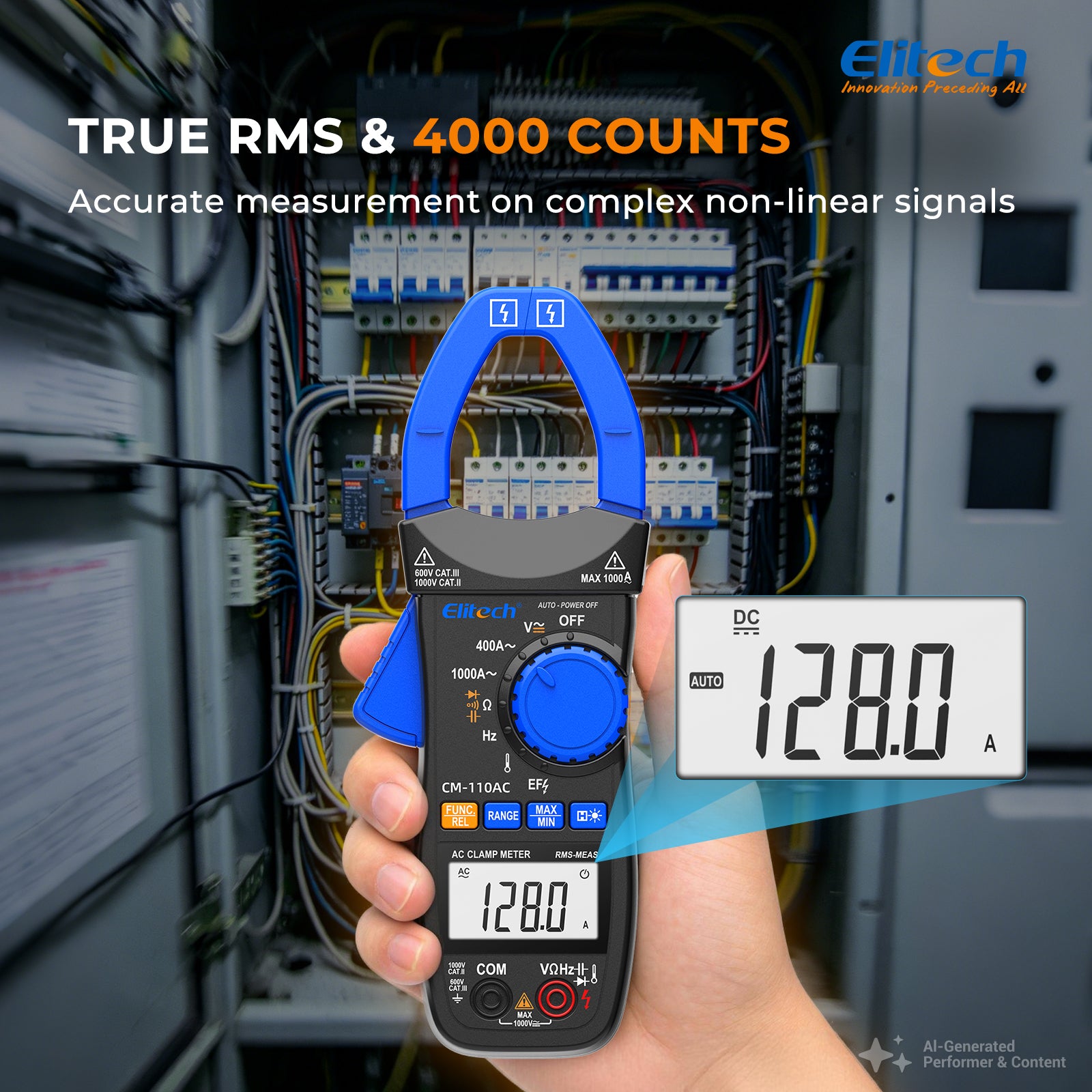 Elitech CM-110AC Digital Clamp Meter, 1000A AC Current, 1000V AC/DC Voltage, True RMS Multimeter with NCV, Capacitance, Temperature & Frequency Measurement