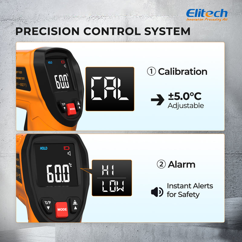 Elitech DIT-520 Infrared Thermometer Gun 900°C (1652°F), Industrial Non-Contact IR Thermometer with Laser Targeting, Adjustable Emissivity, MAX/MIN/AVG, High Accuracy for HVAC, Electrical, Automotive