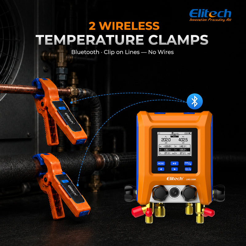 Elitech LMG-100W Digital Manifold Gauge, 4-Valve Bluetooth HVAC Manifold Set for R410A R32 R134a R404A, Auto Superheat/Subcooling, Vacuum & Leak Testing, Data Logging, ±0.5% Accuracy, HD LCD