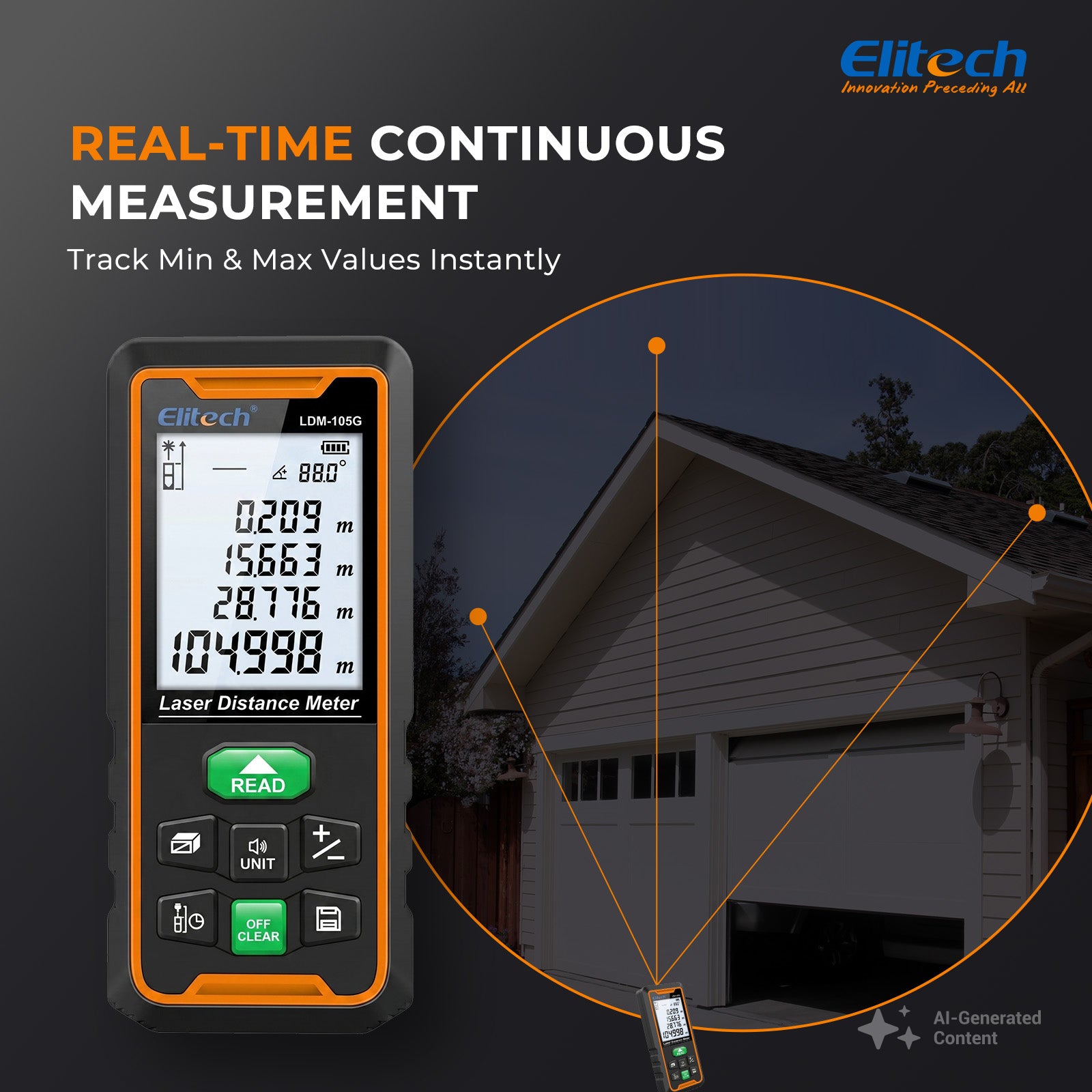 Elitech  LDM-105G 105m Laser Measure, Digital Laser Distance Meter with Built-in Angle Sensor, Full Pythagoras Mode, Dual Power Supply (AAA/Li-ion) Measuring Tool with 99 Groups Memory & Painter Function