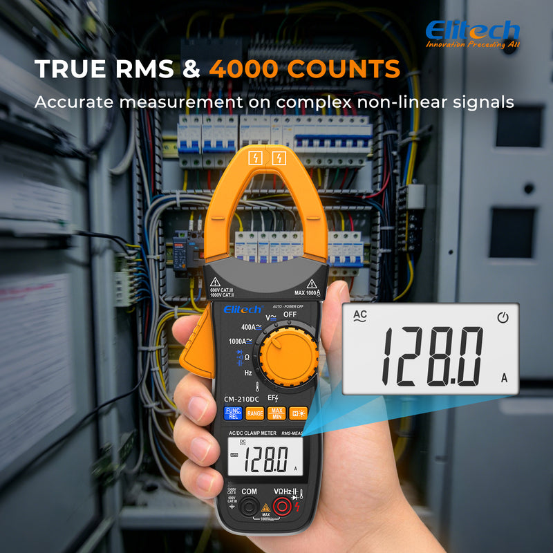 Elitech CM-210DC Digital Clamp Meter, 4000 Counts TRMS AC/DC Amp Current Tester, 1000V AC/DC Voltage, Resistance, Capacitance, Frequency, Temperature, NCV, Continuity, Diode Multi-Tester