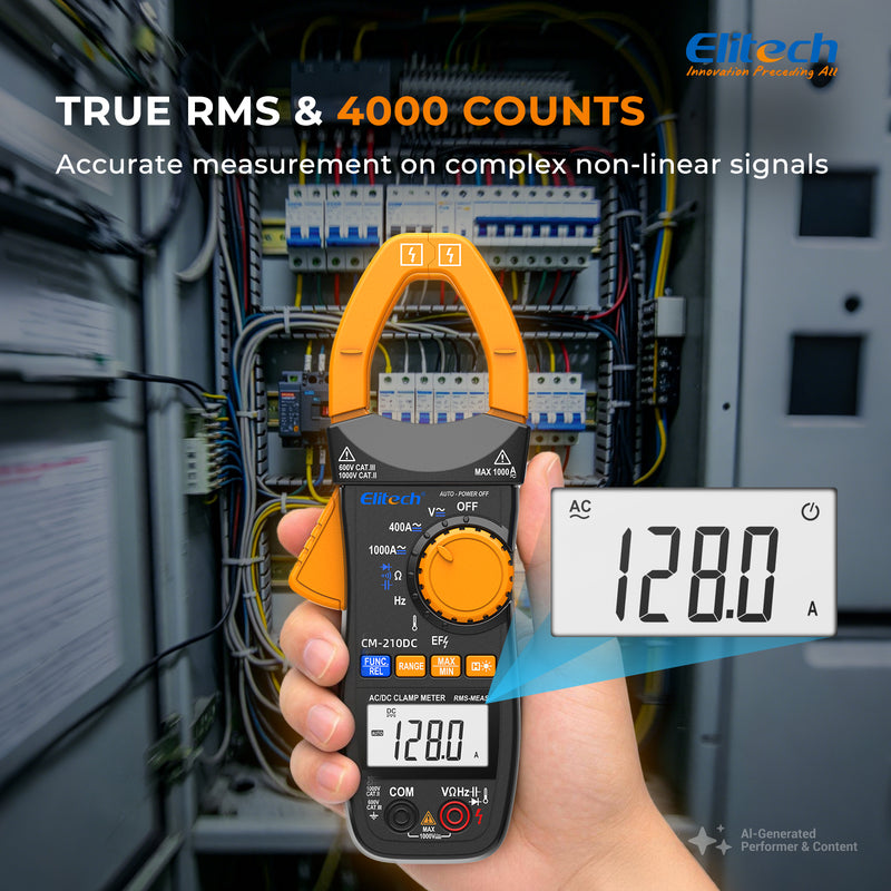 Elitech CM-210DC Digital Clamp Meter, 4000 Counts TRMS AC/DC Amp Current Tester, 1000V AC/DC Voltage, Resistance, Capacitance, Frequency, Temperature, NCV, Continuity, Diode Multi-Tester