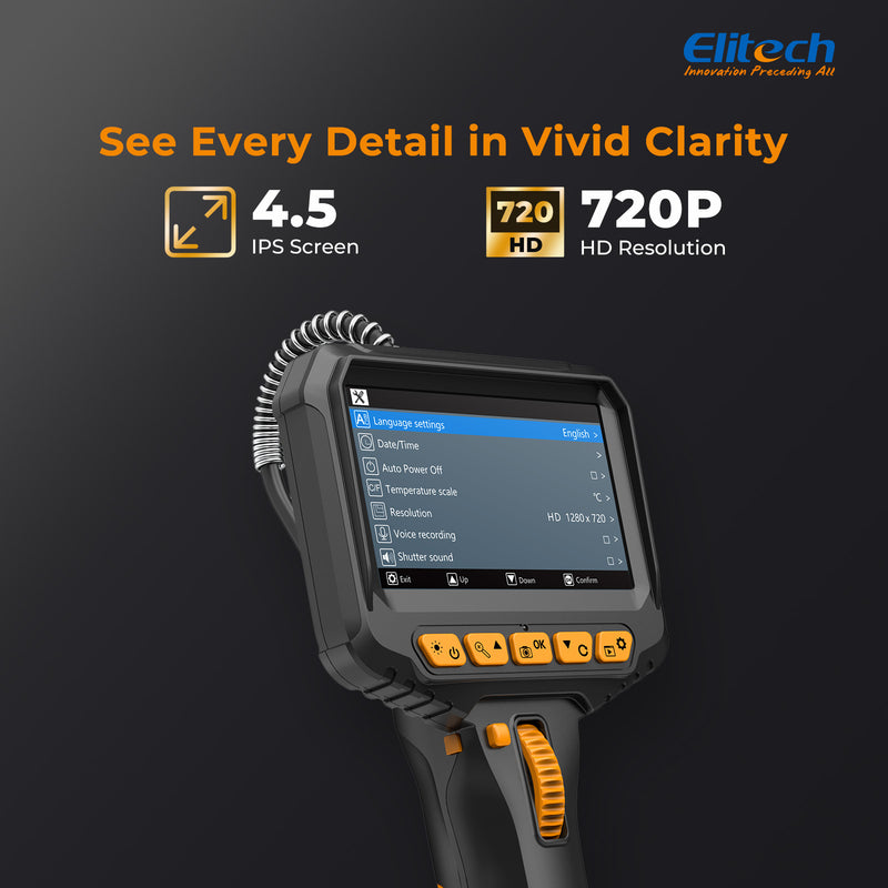 Elitech ELS-240 Articulating Borescope Inspection Camera, Two-Way 180° Steering Endoscope with 4.3" IPS Screen, 6.2mm IP67 Waterproof Probe, 720P HD Industrial Scope for Automotive Mechanics - 1m