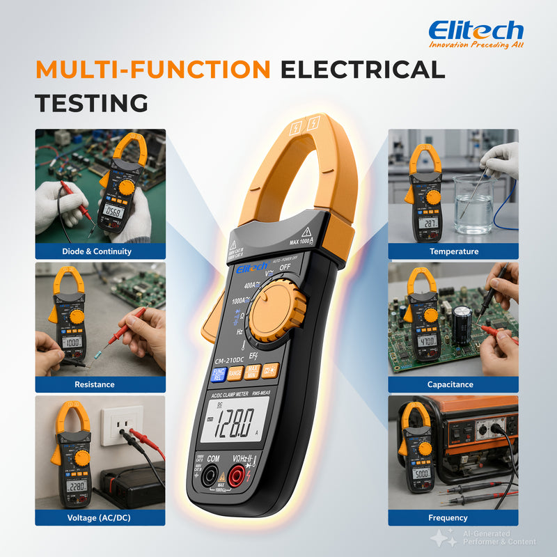 Elitech CM-210DC Digital Clamp Meter, 4000 Counts TRMS AC/DC Amp Current Tester, 1000V AC/DC Voltage, Resistance, Capacitance, Frequency, Temperature, NCV, Continuity, Diode Multi-Tester