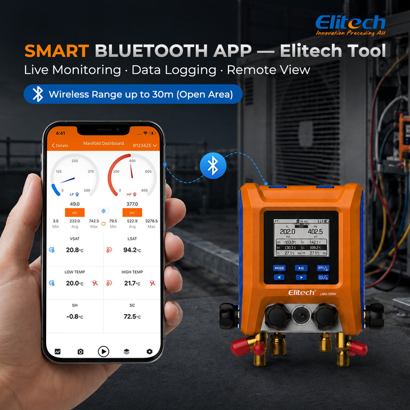 Elitech LMG-100W Digital Manifold Gauge, 4-Valve Bluetooth HVAC Manifold Set for R410A R32 R134a R404A, Auto Superheat/Subcooling, Vacuum & Leak Testing, Data Logging, ±0.5% Accuracy, HD LCD