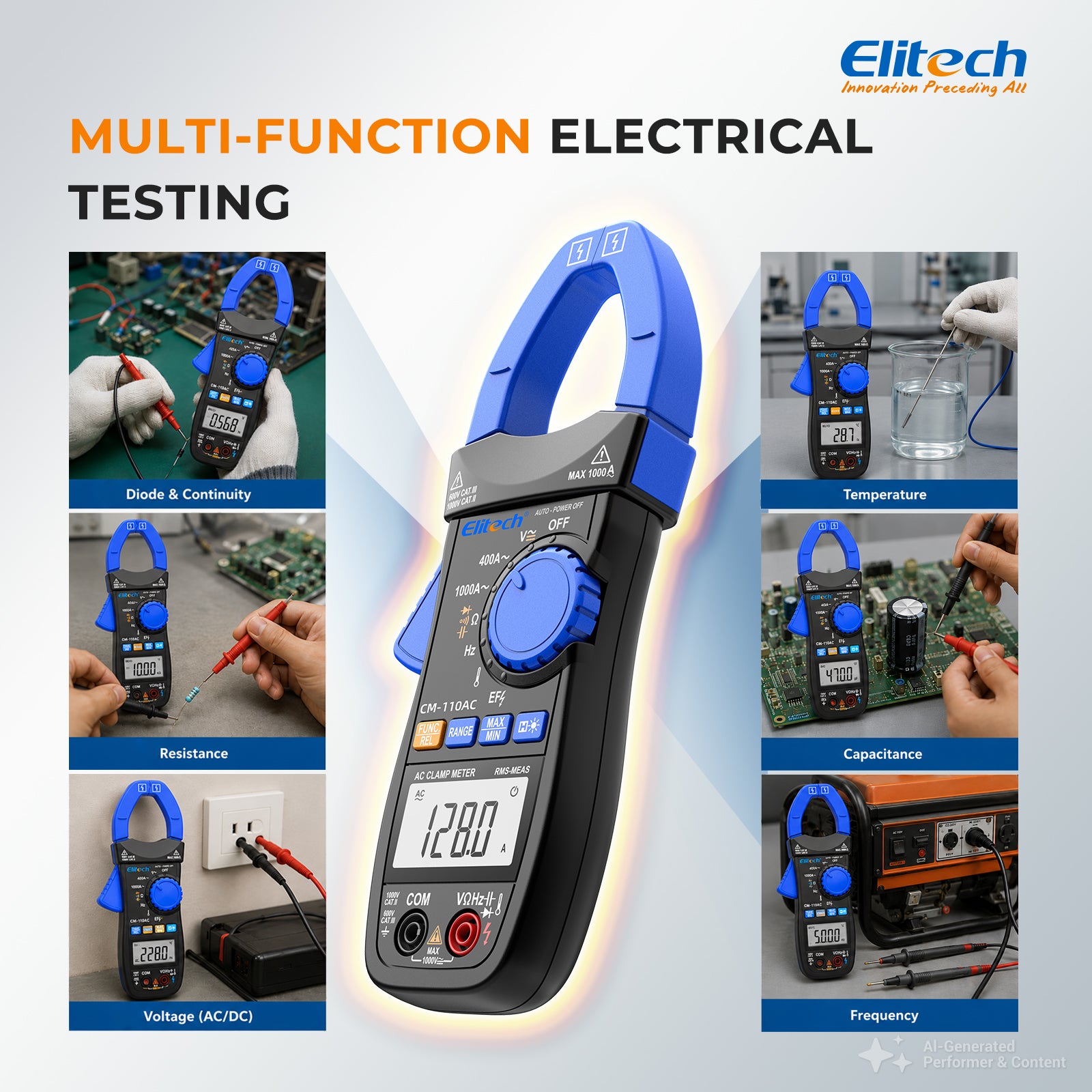 Elitech CM-110AC Digital Clamp Meter, 1000A AC Current, 1000V AC/DC Voltage, True RMS Multimeter with NCV, Capacitance, Temperature & Frequency Measurement