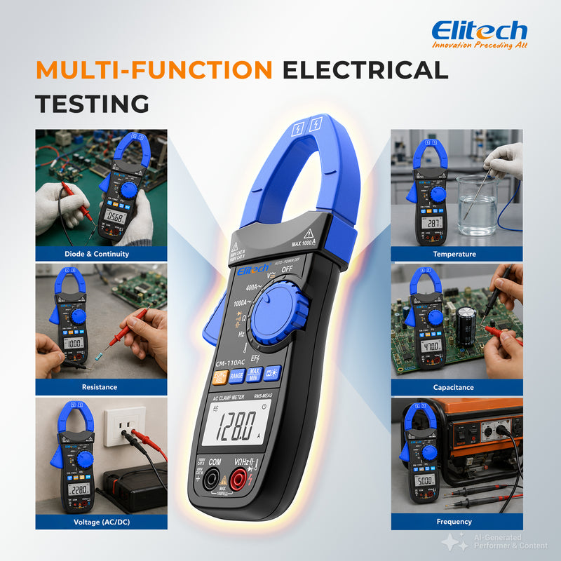 Elitech CM-110AC Digital Clamp Meter, 1000A AC Current, 1000V AC/DC Voltage, True RMS Multimeter with NCV, Capacitance, Temperature & Frequency Measurement