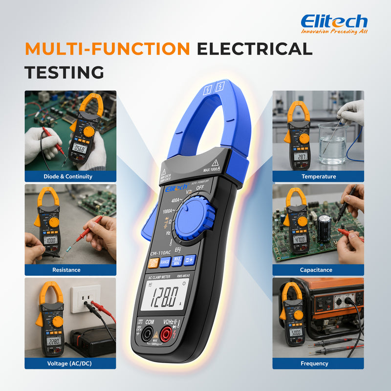 Elitech CM-110AC Digital Clamp Meter, 1000A AC Current, 1000V AC/DC Voltage, True RMS Multimeter with NCV, Capacitance, Temperature & Frequency Measurement