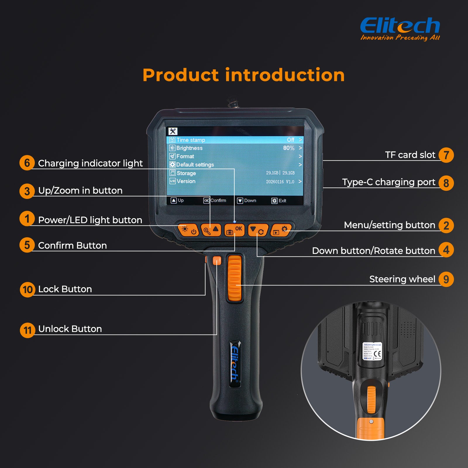 Elitech ELS-240 Articulating Borescope Inspection Camera, Two-Way 180° Steering Endoscope with 4.3