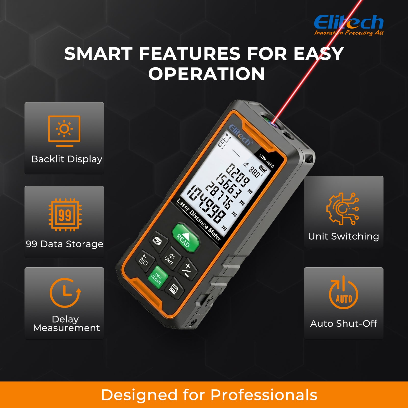 Elitech  LDM-105G 105m Laser Measure, Digital Laser Distance Meter with Built-in Angle Sensor, Full Pythagoras Mode, Dual Power Supply (AAA/Li-ion) Measuring Tool with 99 Groups Memory & Painter Function