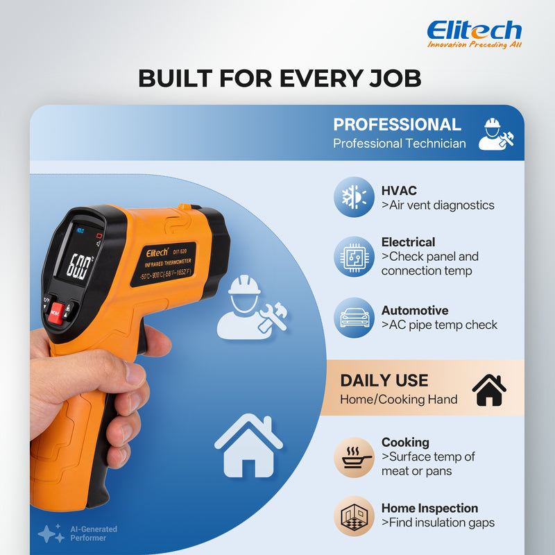 Elitech DIT-520 Infrared Thermometer Gun 900°C (1652°F), Industrial Non-Contact IR Thermometer with Laser Targeting, Adjustable Emissivity, MAX/MIN/AVG, High Accuracy for HVAC, Electrical, Automotive