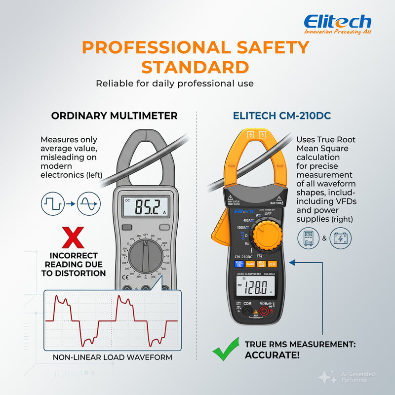 Elitech CM-210DC Digital Clamp Meter, 4000 Counts TRMS AC/DC Amp Current Tester, 1000V AC/DC Voltage, Resistance, Capacitance, Frequency, Temperature, NCV, Continuity, Diode Multi-Tester