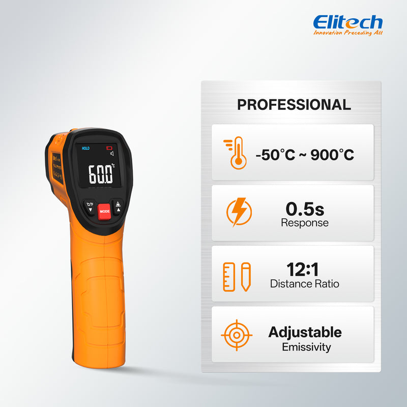 Elitech DIT-520 Infrared Thermometer Gun 900°C (1652°F), Industrial Non-Contact IR Thermometer with Laser Targeting, Adjustable Emissivity, MAX/MIN/AVG, High Accuracy for HVAC, Electrical, Automotive